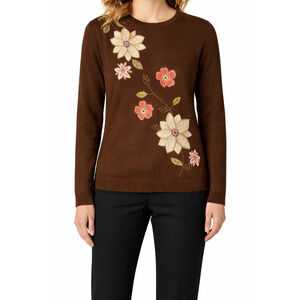 Alfred Dunner Sweater XL Brown Long Sleeve Floral Applique Shoulder Pads Vintage